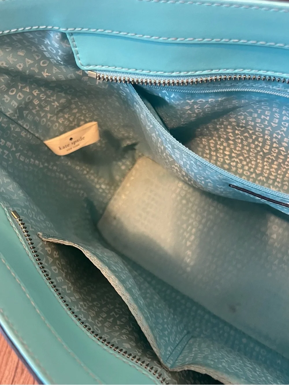kate spade Turquoise Leather Tote with Logo Charm